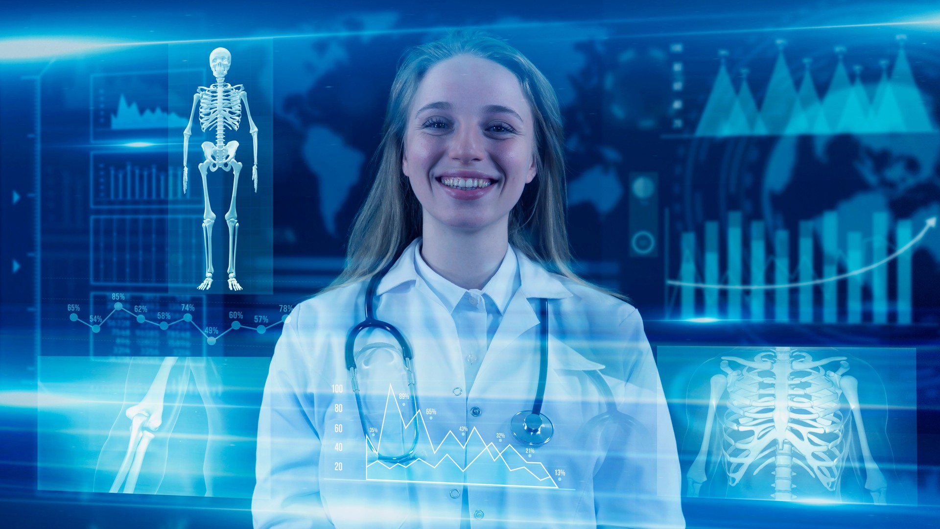 The Doctor is looking at the digital interface, giving attention to specific data on the HUD. This is futuristic, virtual reality, hologram, and technology concept. Photo of confident female doctor, looking at camera with smile